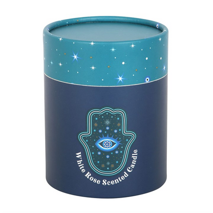 Hand of Hamsa White Rose Candle with Crystals